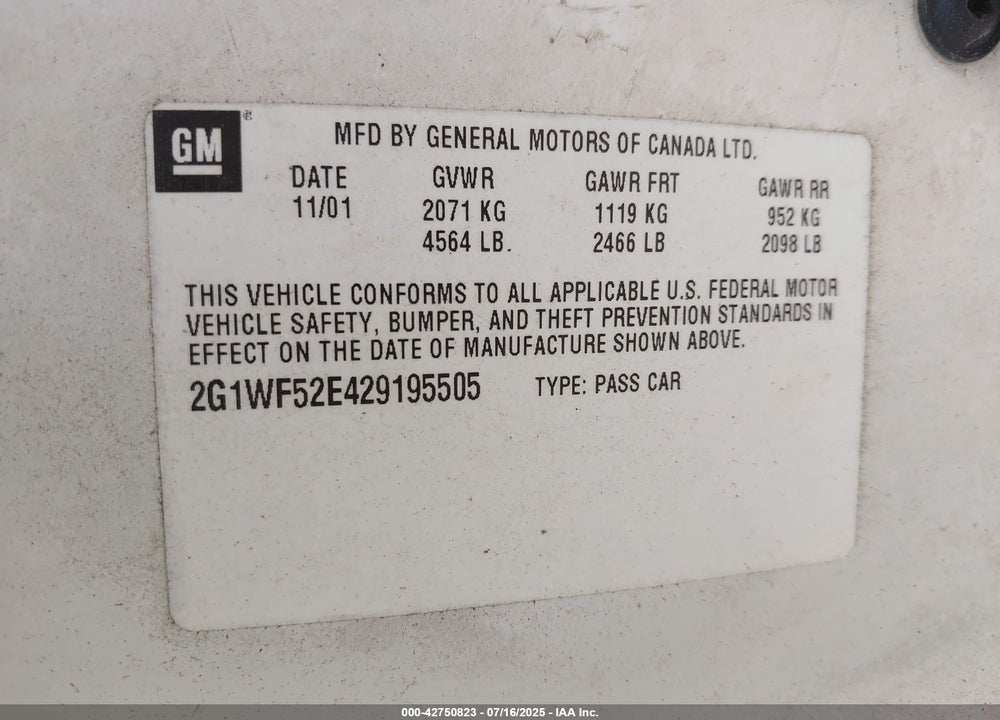 2002 CHEVROLET IMPALA VIN: 2G1WF52E429195505