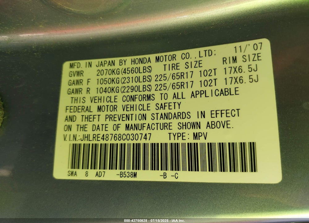 2008 HONDA CR-V VIN: JHLRE48768C030747