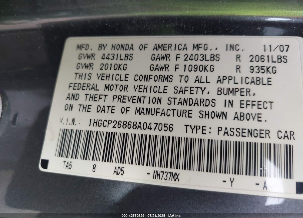 2008 HONDA ACCORD VIN: 1HGCP26868A047056