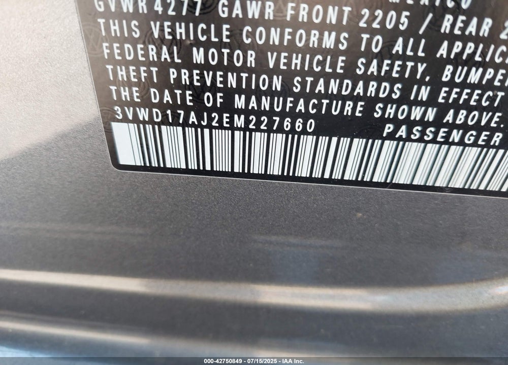 2014 VOLKSWAGEN JETTA VIN: 3VWD17AJ2EM227660