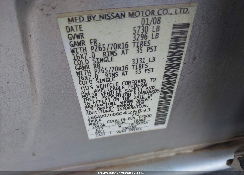 2008 NISSAN FRONTIER VIN: 1N6AD07U08C426831