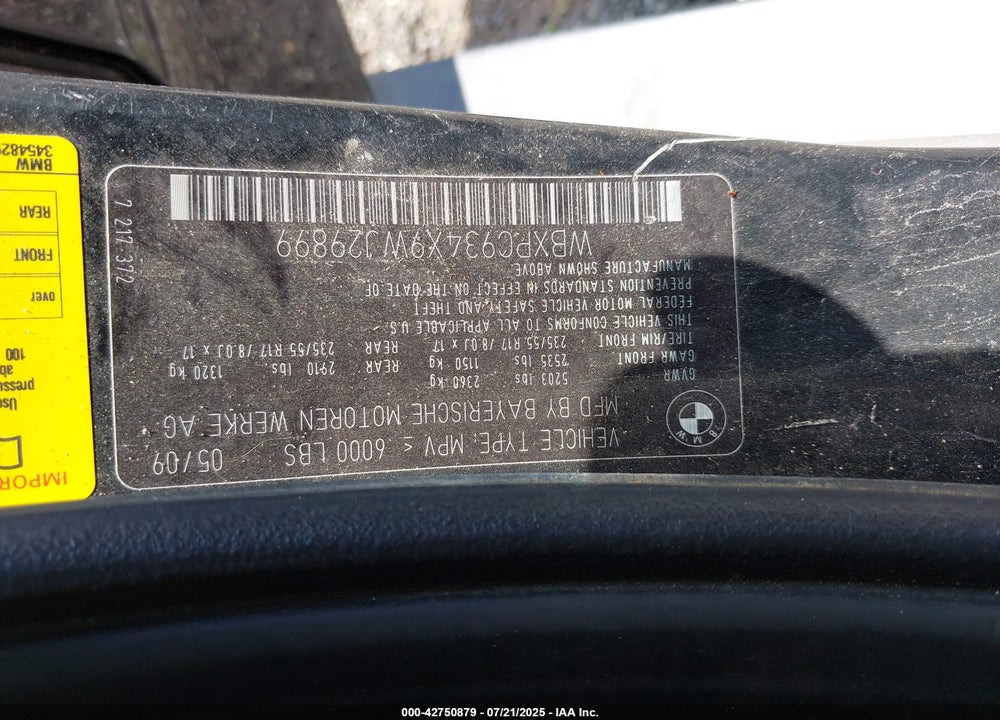 2009 BMW X3 VIN: WBXPC934X9WJ29899