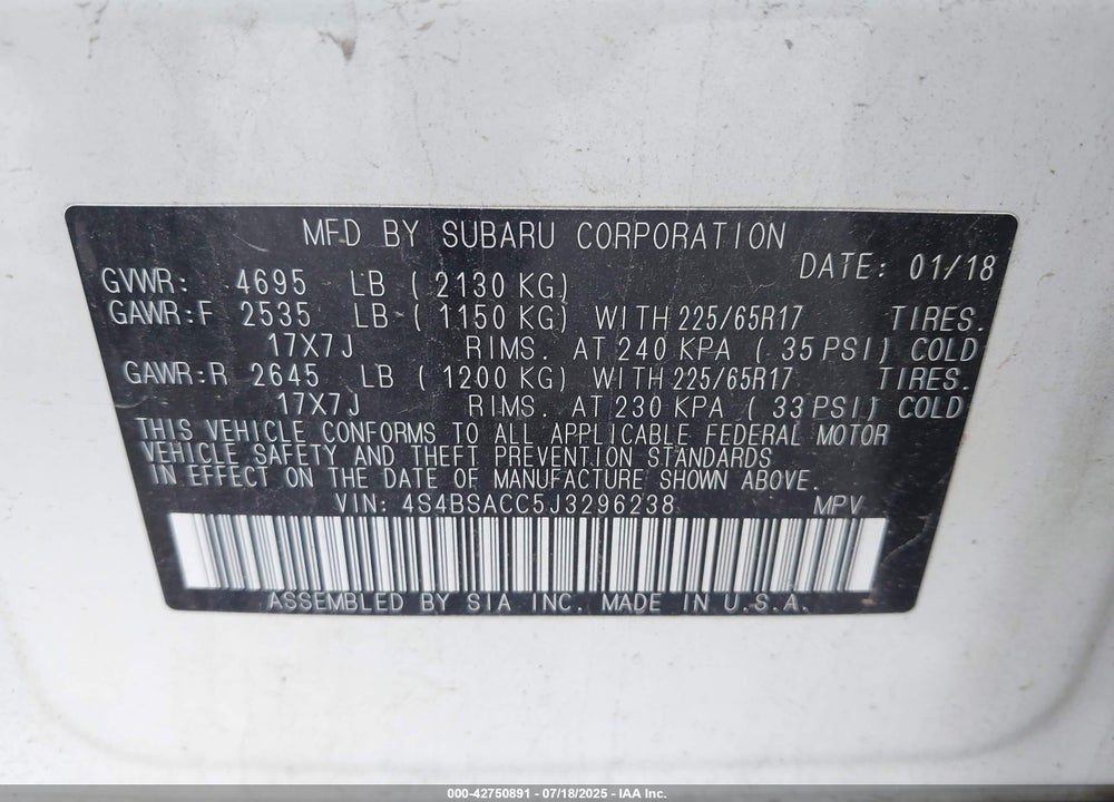 2018 SUBARU OUTBACK VIN: 4S4BSACC5J3296238