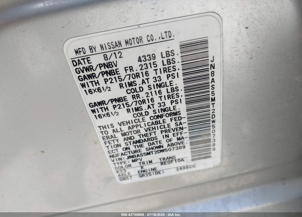 2013 NISSAN ROGUE VIN: JN8AS5MT2DW507389