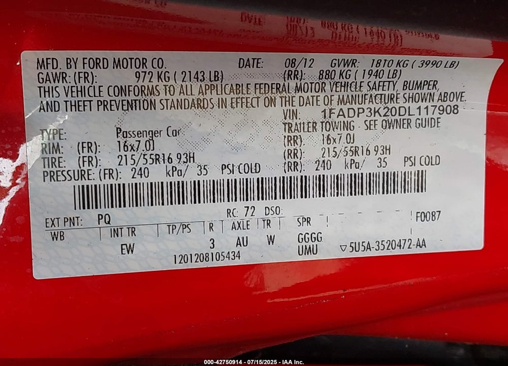 2013 FORD FOCUS VIN: 1FADP3K20DL117908
