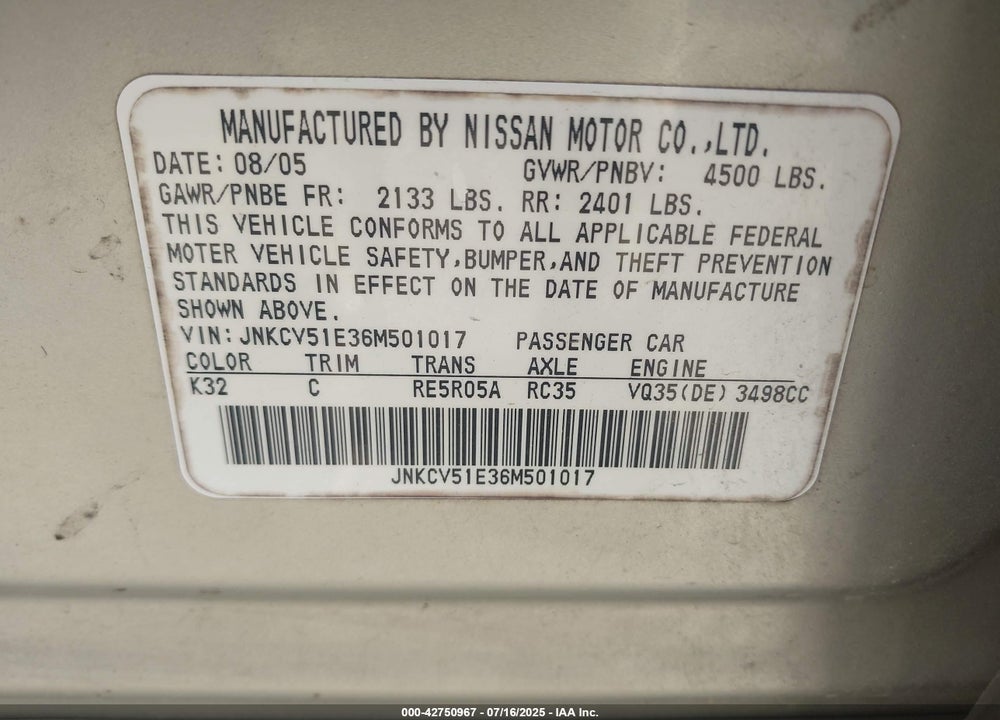2006 INFINITI G35 VIN: JNKCV51E36M501017