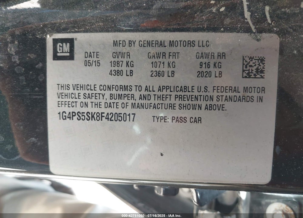 2015 BUICK VERANO VIN: 1G4PS5SK8F4205017