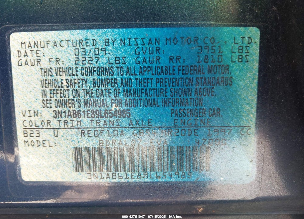 2009 NISSAN SENTRA VIN: 3N1AB61E89L654985