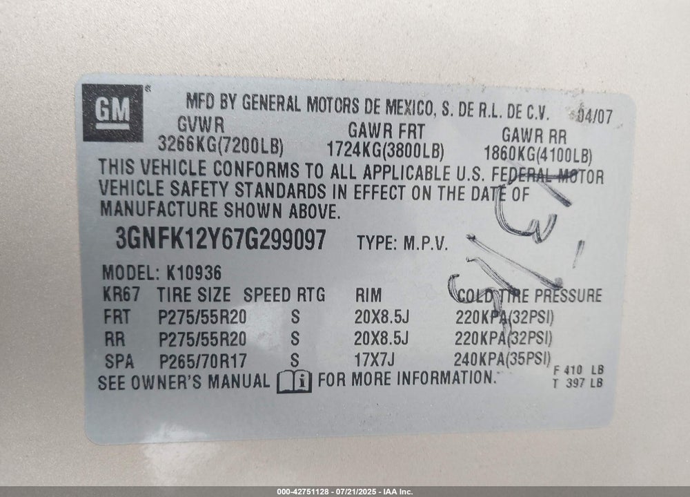 2007 CHEVROLET AVALANCHE VIN: 3GNFK12Y67G299097