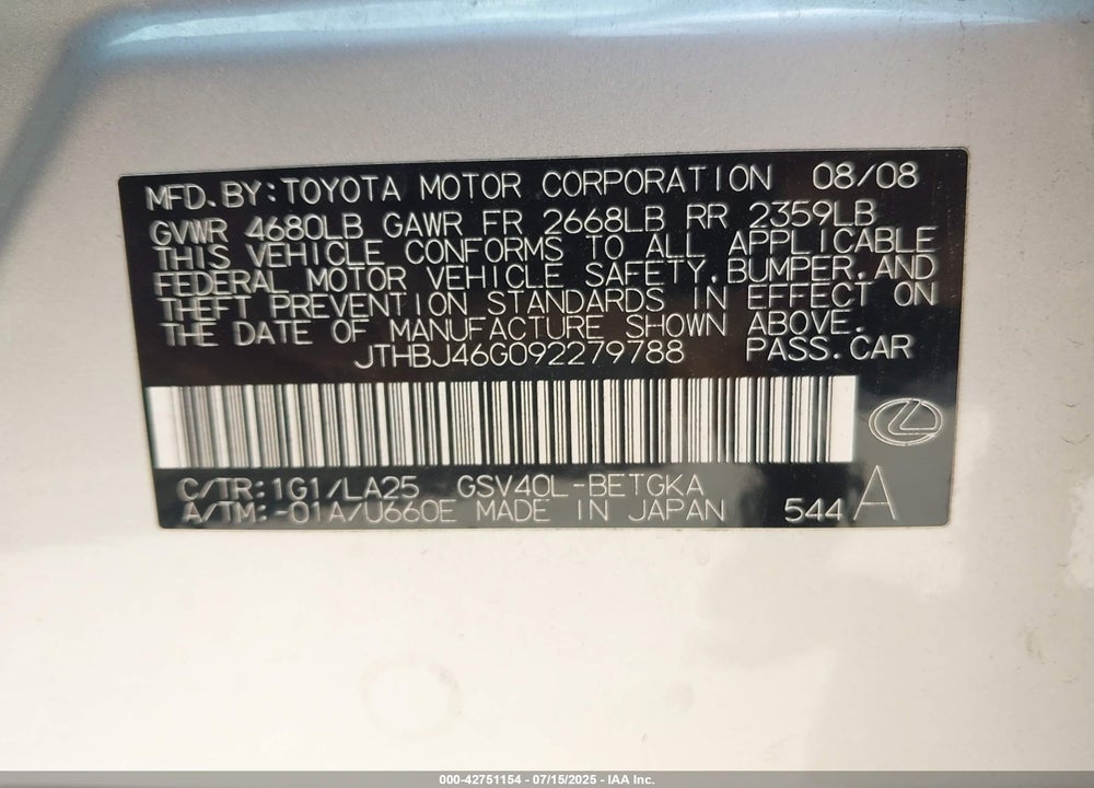 2009 LEXUS ES350 VIN: JTHBJ46G092279788