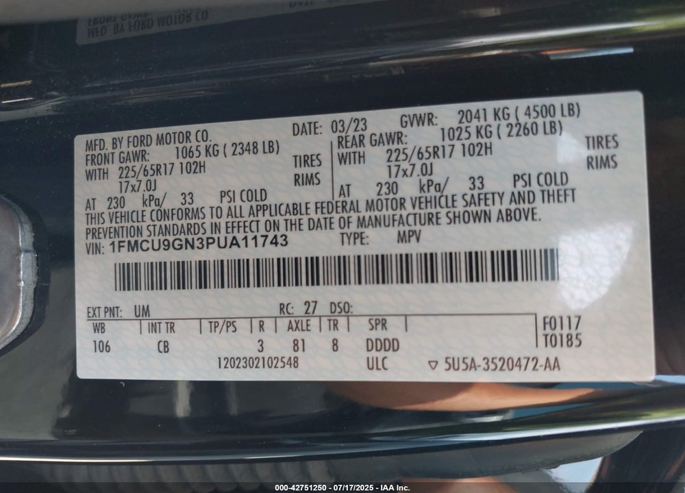 2023 FORD ESCAPE VIN: 1FMCU9GN3PUA11743