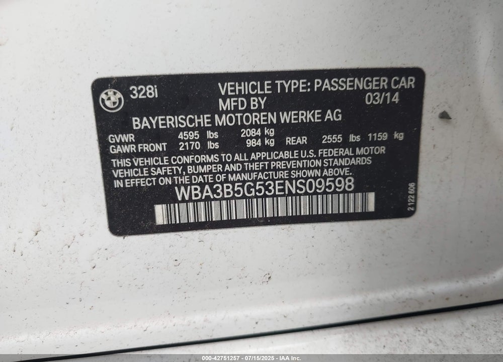 2014 BMW 3 SERIES VIN: WBA3B5G53ENS09598