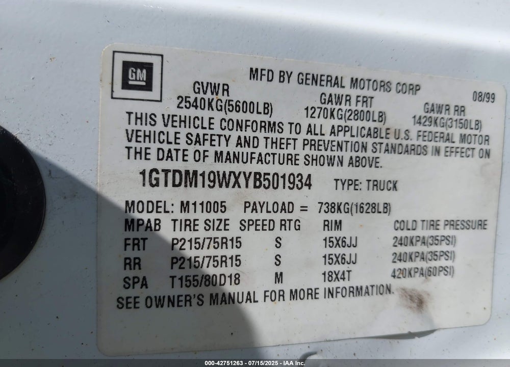 2000 GMC SAFARI STANDARD VIN: 1GTDM19WXYB501934