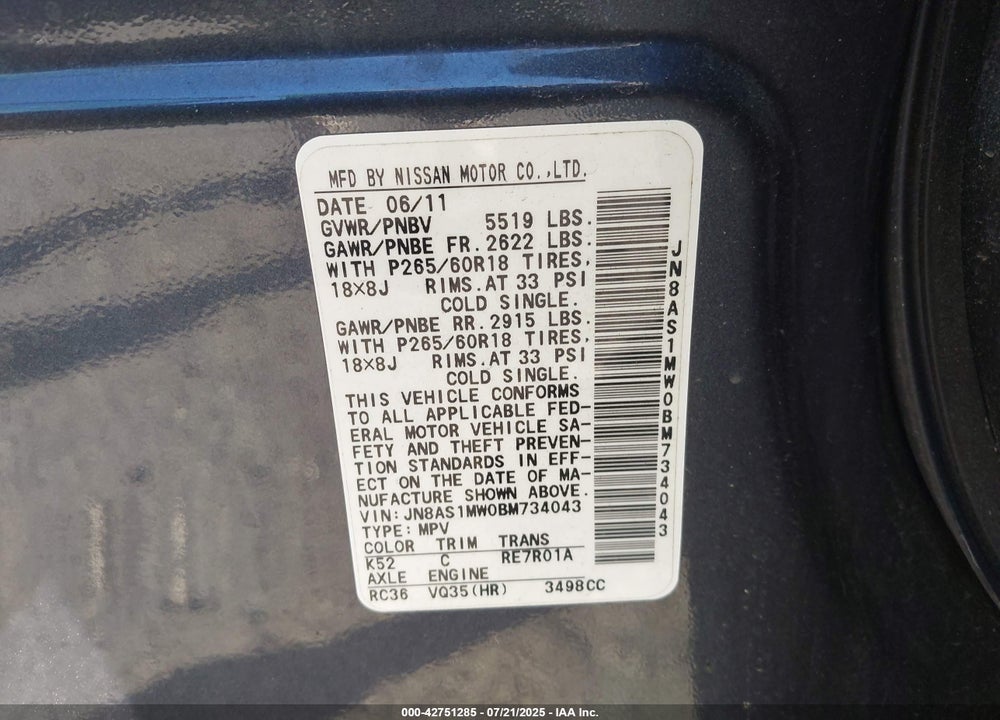 2011 INFINITI FX35 VIN: JN8AS1MW0BM734043