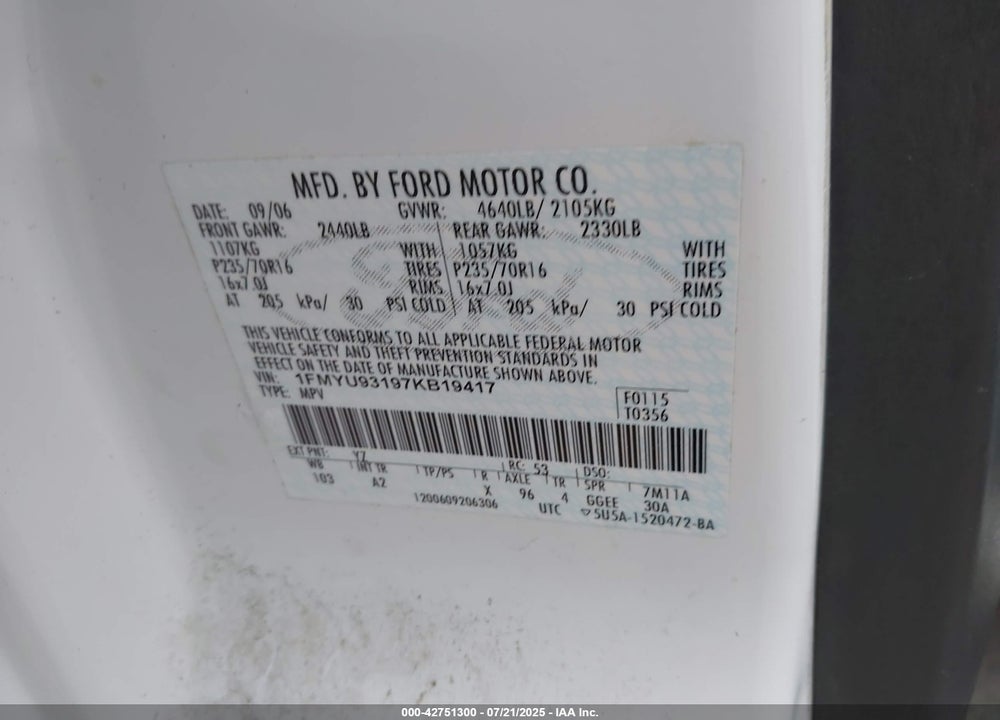 2007 FORD ESCAPE VIN: 1FMYU93197KB19417