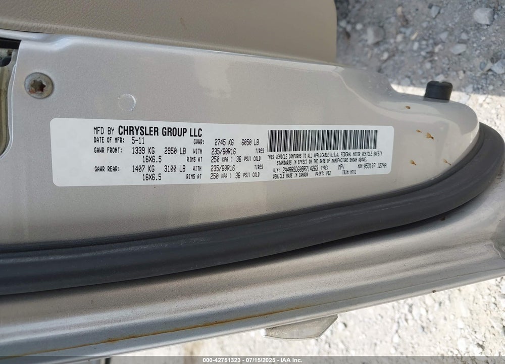 2011 CHRYSLER TOWN & COUNTRY TOURING VIN: 2A4RR5DG0BR714263