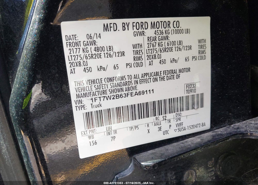 2015 FORD F-250 VIN: 1FT7W2B63FEA69111