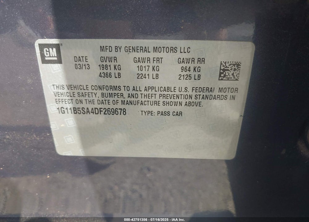 2013 CHEVROLET MALIBU VIN: 1G11B5SA4DF269678