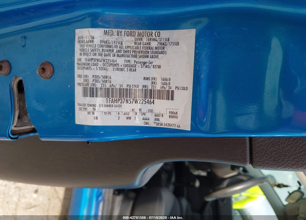 2007 FORD FOCUS S/SE/SES VIN: 1FAHP37N57W225464