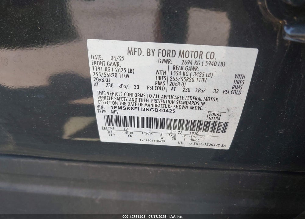 2022 FORD EXPLORER LIMITED VIN: 1FMSK8FH3NGB44425