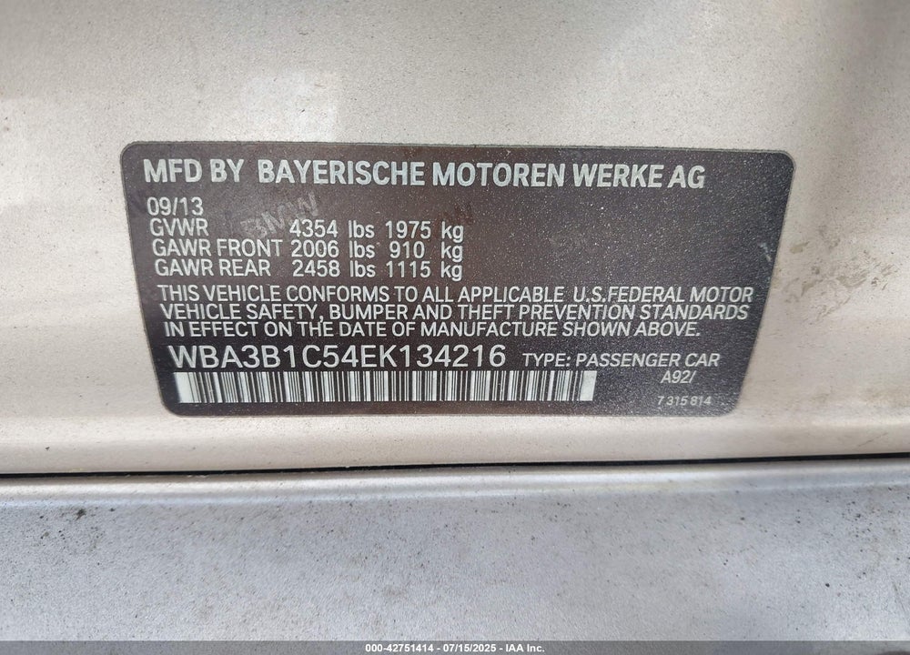 2014 BMW 3 SERIES VIN: WBA3B1C54EK134216