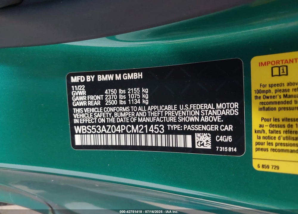 2023 BMW M4 VIN: WBS53AZ04PCM21453