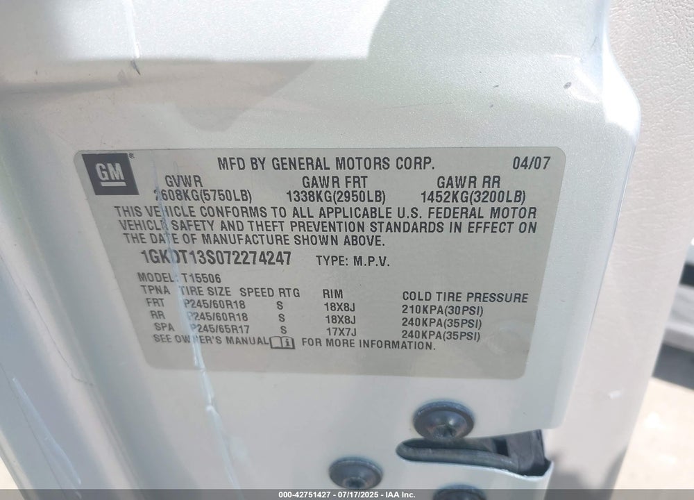 2007 GMC ENVOY VIN: 1GKDT13S072274247