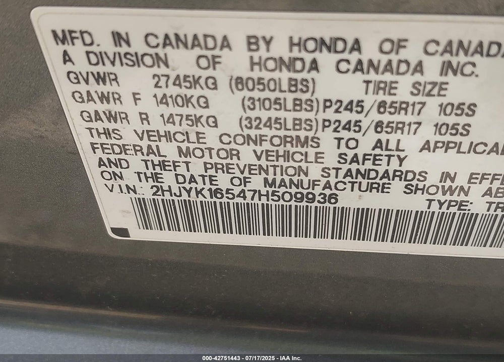 2007 HONDA RIDGELINE VIN: 2HJYK16547H509936