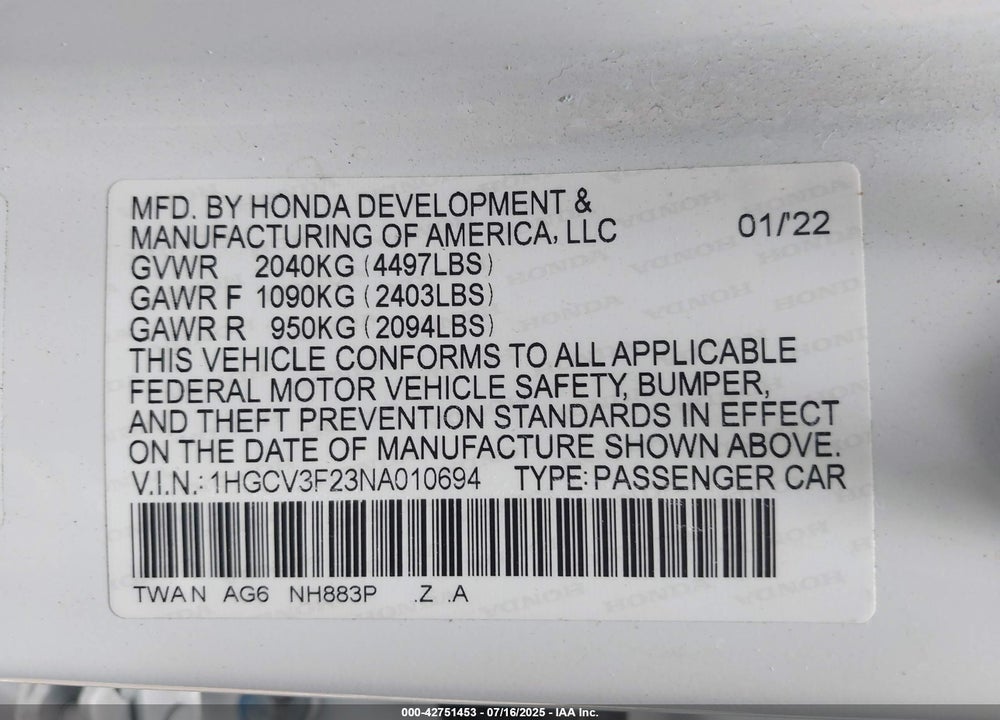 2022 HONDA ACCORD HYBRID SPORT VIN: 1HGCV3F23NA010694