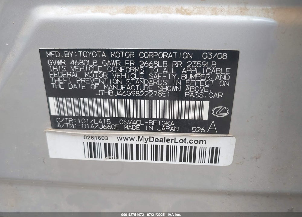 2008 LEXUS ES350 VIN: JTHBJ46G982227851