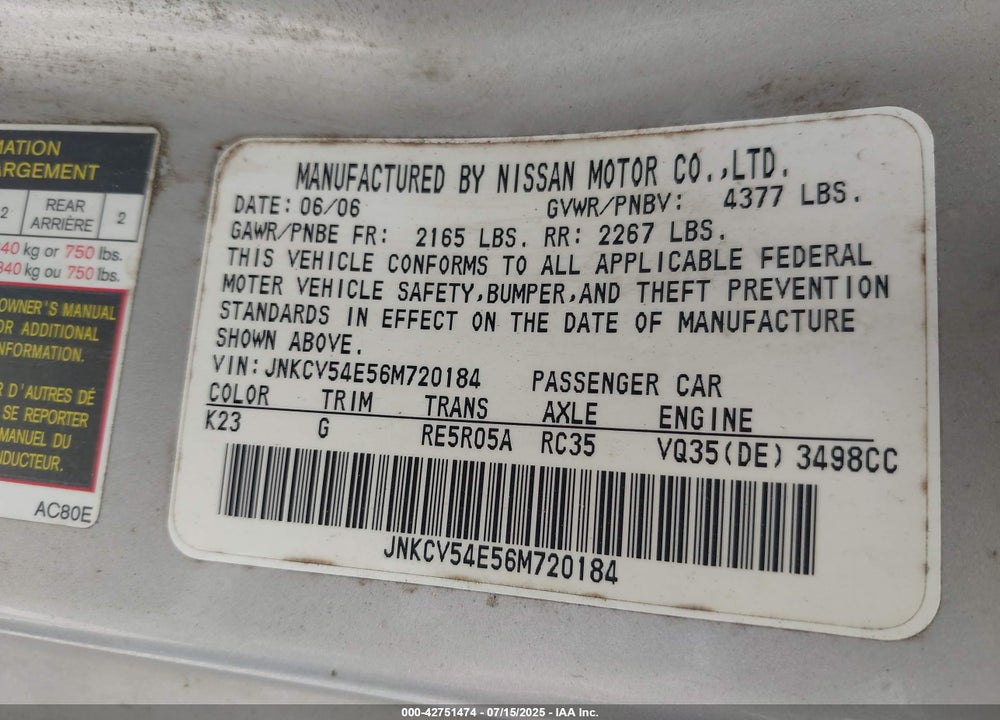 2006 INFINITI G35 VIN: JNKCV54E56M720184