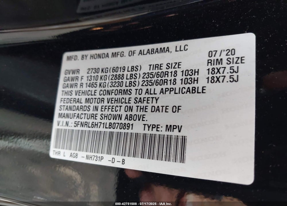 2020 HONDA ODYSSEY EX-L/EX-L W/NAVI RES VIN: 5FNRL6H71LB070891