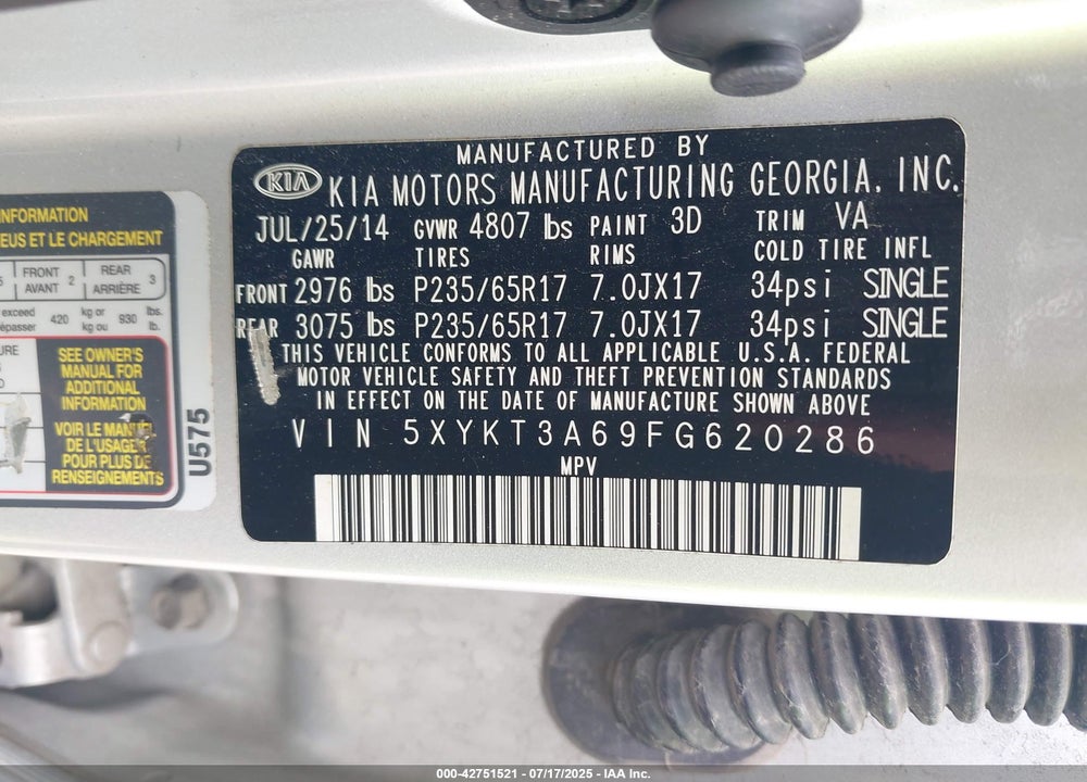 2015 KIA SORENTO VIN: 5XYKT3A69FG620286