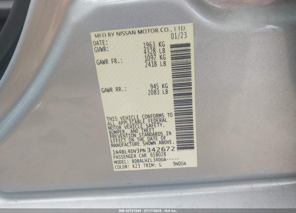 2023 NISSAN ALTIMA VIN: 1N4BL4DV3PN342672