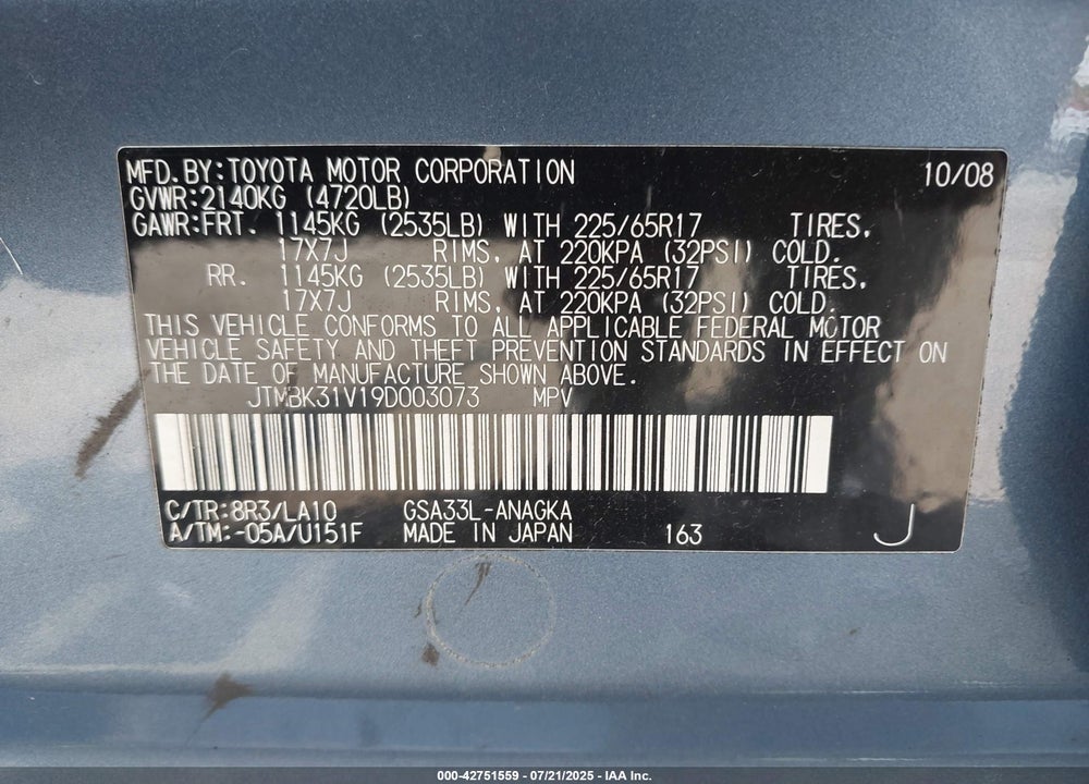 2009 TOYOTA RAV4 VIN: JTMBK31V19D003073