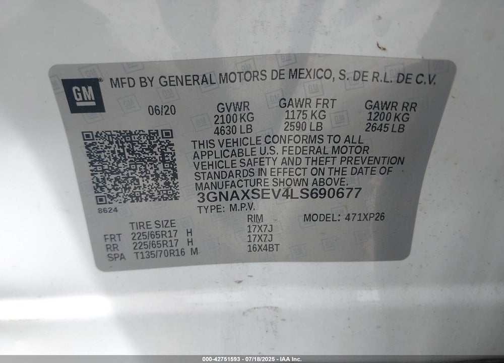 2020 CHEVROLET EQUINOX VIN: 3GNAXSEV4LS690677