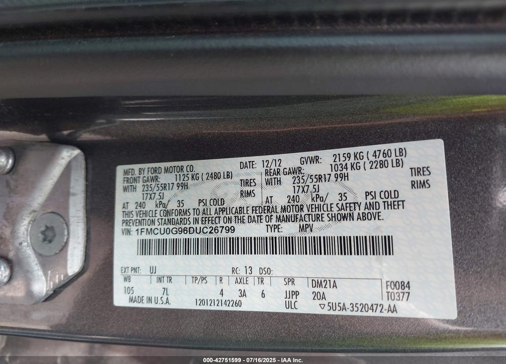 2013 FORD ESCAPE VIN: 1FMCU0G96DUC26799