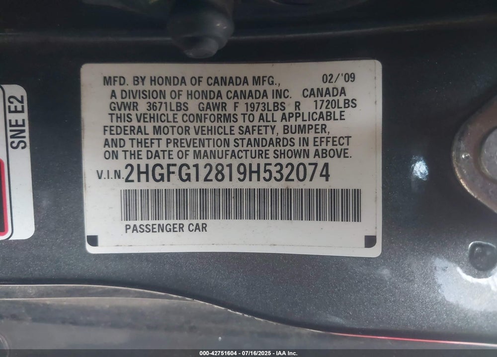2009 HONDA CIVIC EX VIN: 2HGFG12819H532074