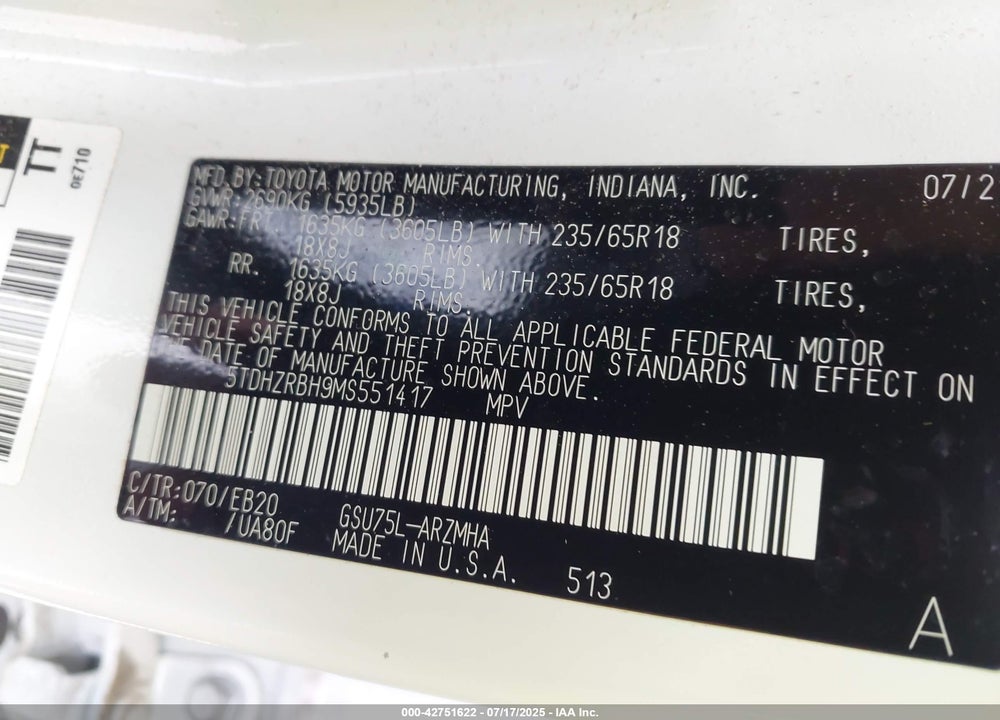 2021 TOYOTA HIGHLANDER VIN: 5TDHZRBH9MS551417
