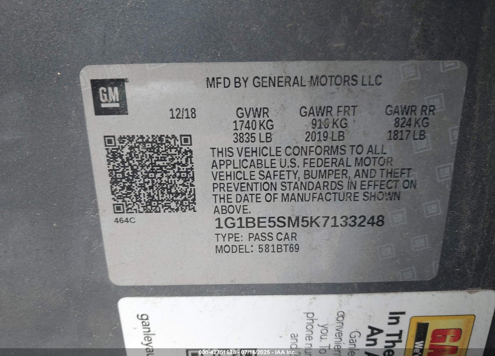 2019 CHEVROLET CRUZE VIN: 1G1BE5SM5K7133248