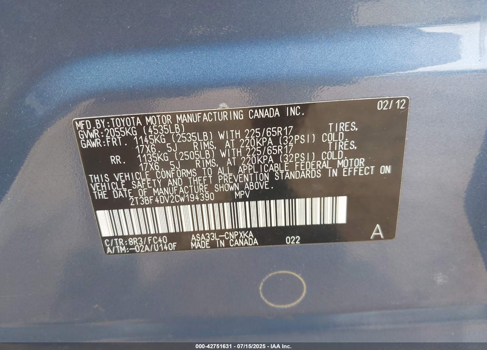 2012 TOYOTA RAV4 VIN: 2T3BF4DV2CW194390