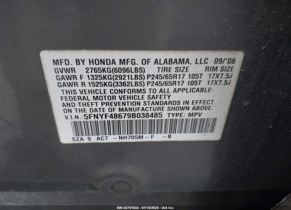 2009 HONDA PILOT VIN: 5FNYF48679B038485