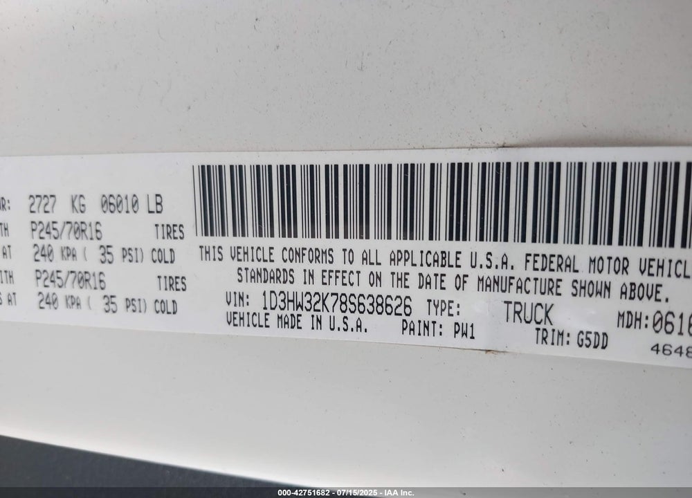 2008 DODGE DAKOTA SXT/BIGHORN/LONESTAR VIN: 1D3HW32K78S638626