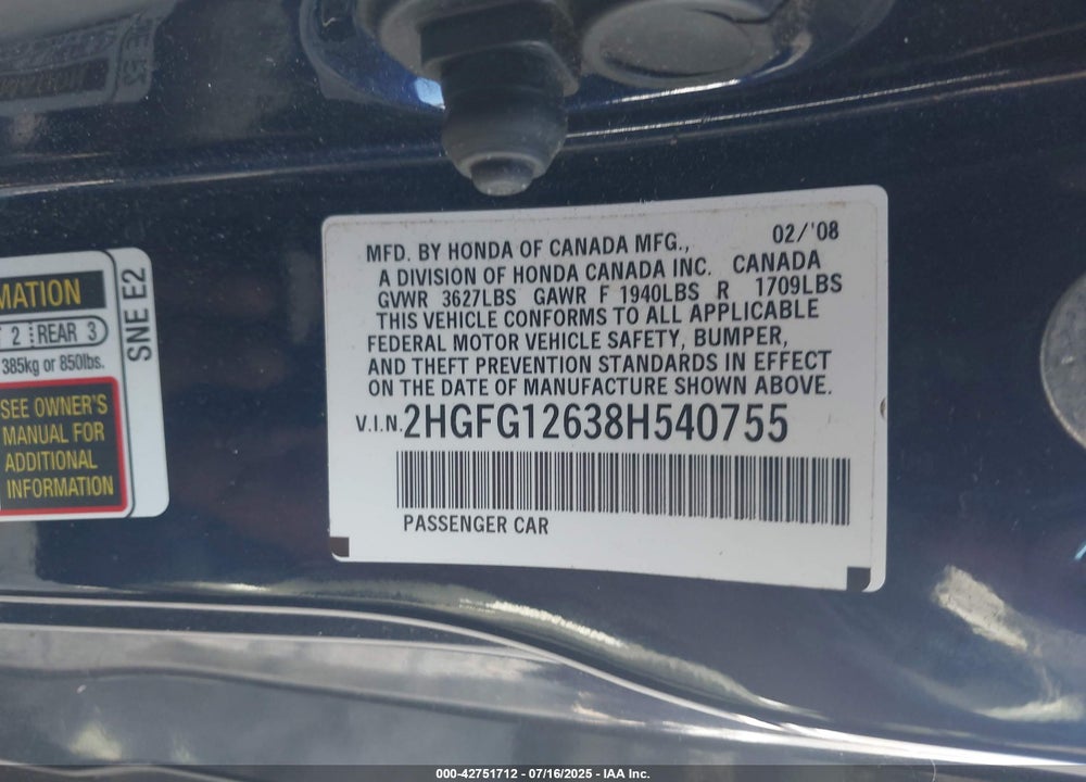 2008 HONDA CIVIC LX VIN: 2HGFG12638H540755