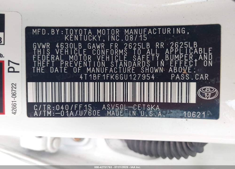 2016 TOYOTA CAMRY VIN: 4T1BF1FK6GU127954