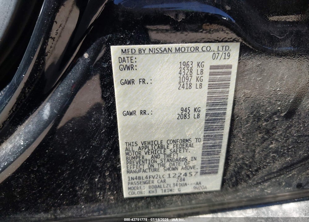 2020 NISSAN ALTIMA VIN: 1N4BL4FV2LC122457