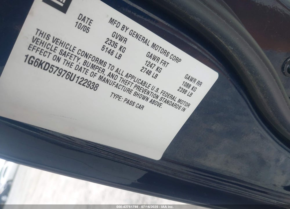 2006 CADILLAC DTS PERFORMANCE VIN: 1G6KD57976U122938