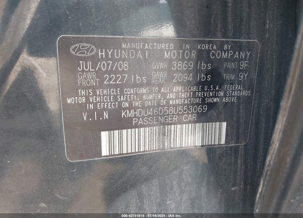 2008 HYUNDAI ELANTRA GLS/SE VIN: KMHDU46D58U553069