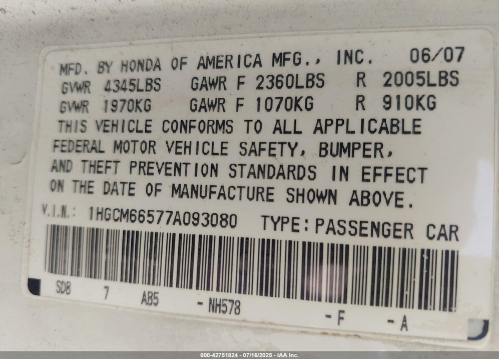 2007 HONDA ACCORD VIN: 1HGCM66577A093080