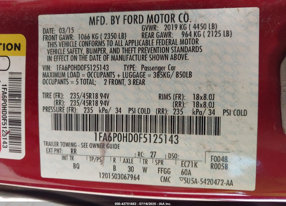 2015 FORD FUSION SE VIN: 1FA6P0HD0F5125143
